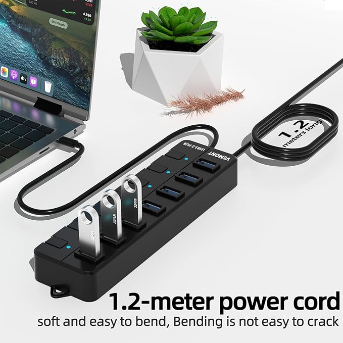 USB hub,7 Port USB 3.0 Hub,VEMONT USB Splitter with Individual On/Off Switches and Lights, 4ft/1.2m USB HUB Long Cable, USB Extension for Laptop and PC Computer