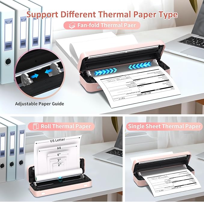 Inkless Portable Printer for Travel, Wireless Thermal Printer Supports 8.5 x 11 Inch US Letter Size, Bluetooth Machine Includes Carry Case and 3 Rolls of Thermal Paper Kit, Pink