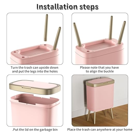 Procade 2Pack Office Trash Can with Lid, Bathroom Garbage Bin with Gold Edge, Modern Pink Trash Can for Bedroom, Slim Waste Basket Plastic Trash Bin for Room,Kitchen, Living Room,Toilet, 4 Gallon
