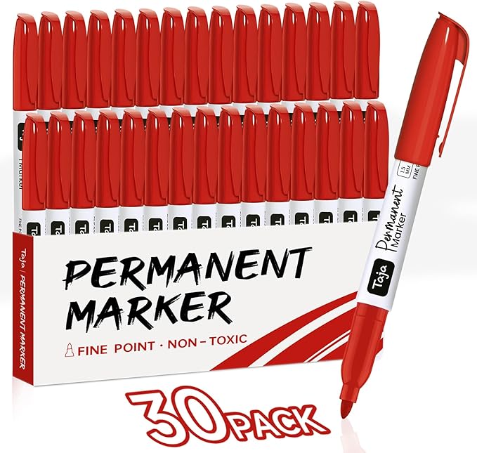 Permanent Markers Fine Tip, 30 Pack Red Quick-Drying and Fade-Resistant Permanent Markers Bulk Set for Writing and Drawing on Wood, Plastic, Metal, Glass, Stone, Ideal for Office School Supplies
