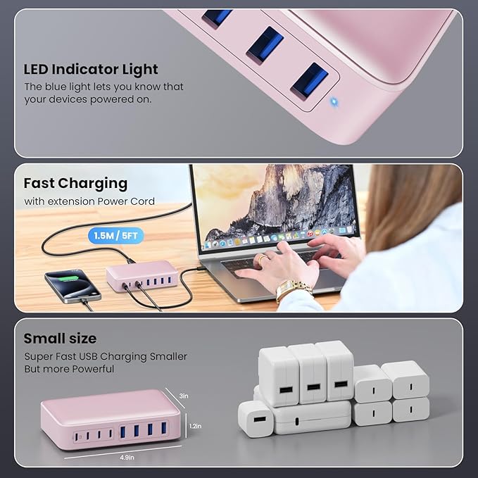 USB C Charger 200W USB C Charger Block,Upgraded GaN III 8-Port Fast Charging Station Hub,PD 65W Laptop Charging Adapter Compatible with MacBook Pro/Air,DELL,Steam Deck,iPhone 16/15/14,Galaxy S23/22
