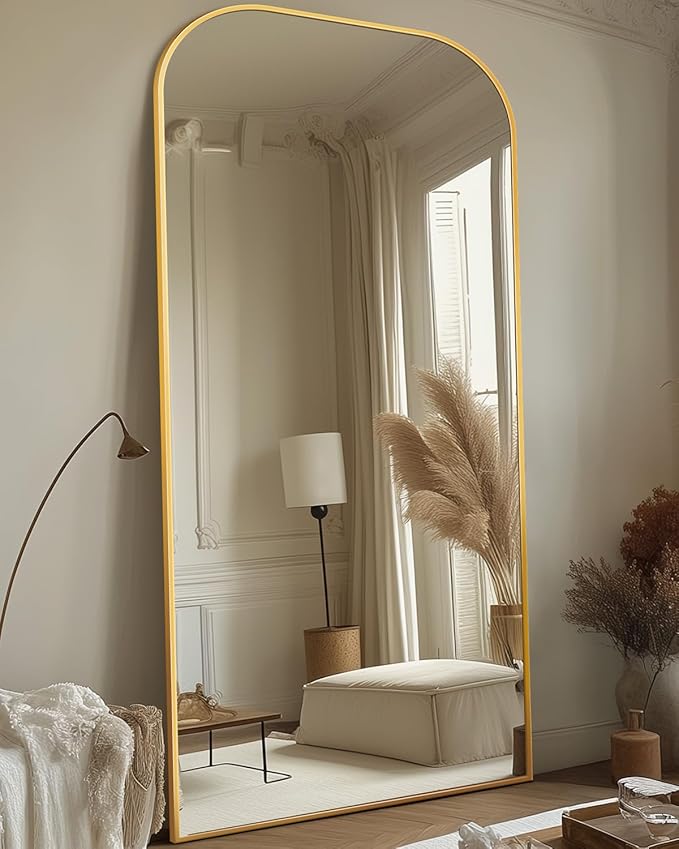 Antok Full Length Mirror, 76"x34" Floor Mirror Freestanding, Arched Floor Standing Large Mirror Full Body Mirrors with Stand for Bedroom, Hanging Mounted Mirrors for Living Room, Gold