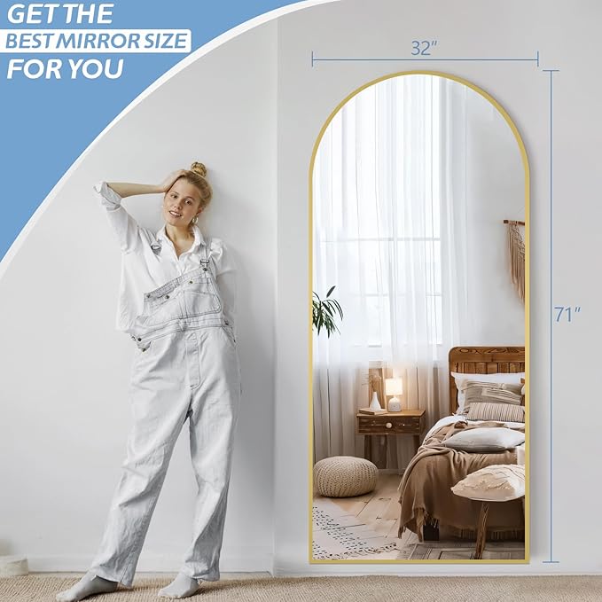 Arched Full Length Mirror, 71"X32" Free Standing Mirror Full Length, Large Floor Mirror with Stand for Bedroom Living Room Gym, Hanging or Leaning, Tempered Glass, Gold