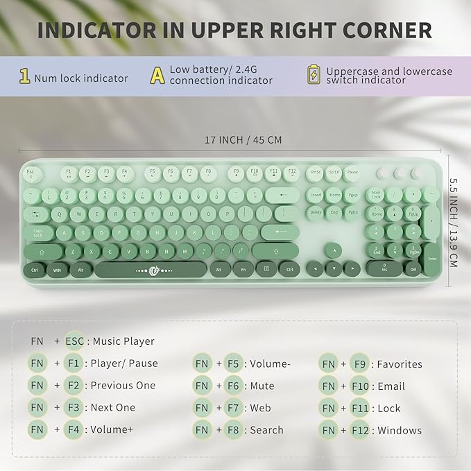 FOPETT Wireless Keyboard and Mouse Combo, 104 Keys Full-Sized 2.4 GHz Round Keycap Colorful Keyboards, USB Receiver Plug and Play, for Windows, Mac, PC, Laptop, Desktop (GradientGreen)