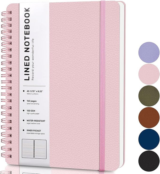 Lined Spiral Journal Notebook, A4 Hardcover Leather Notebook for Work, 8.5''×11'', 100GSM Thick Paper Spiral Bound Journaling Notebooks for Women & Men Office School Note Taking Business, Pink