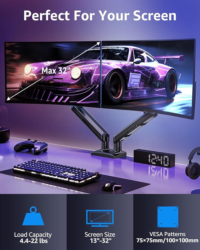 Dual Monitor Mount for 32 27 24 22inch Screens, Gas Spring Monitor Stand for 2 Monitor, Full Adjustable Monitors Desk Mount with C-Clamp＆Grommet Base, Each Arm Holds 4.4-22 lbs, Freelift Pro Black