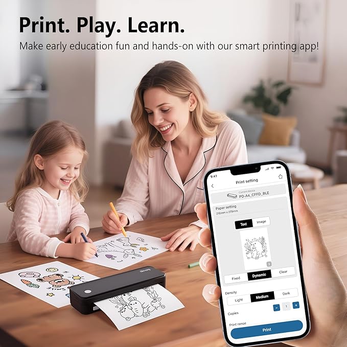 Inkless Portable Printer for Travel, Wireless Thermal Printer Supports 8.5 x 11 Inch Thermal Paper, Bluetooth Machine Includes Carry Case and 3 Rolls of Paper Kit, Black