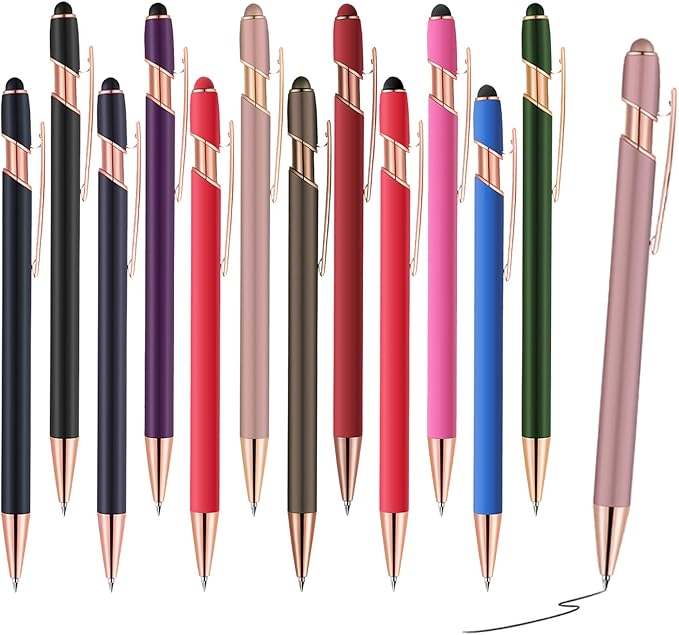 12 PCS 2 in 1 Stylus Ballpoint Pen with Stylus Tip, 1.0 mm Black Ink Metal Pen Stylus Pen for Touch Screens (12 Colors-2)