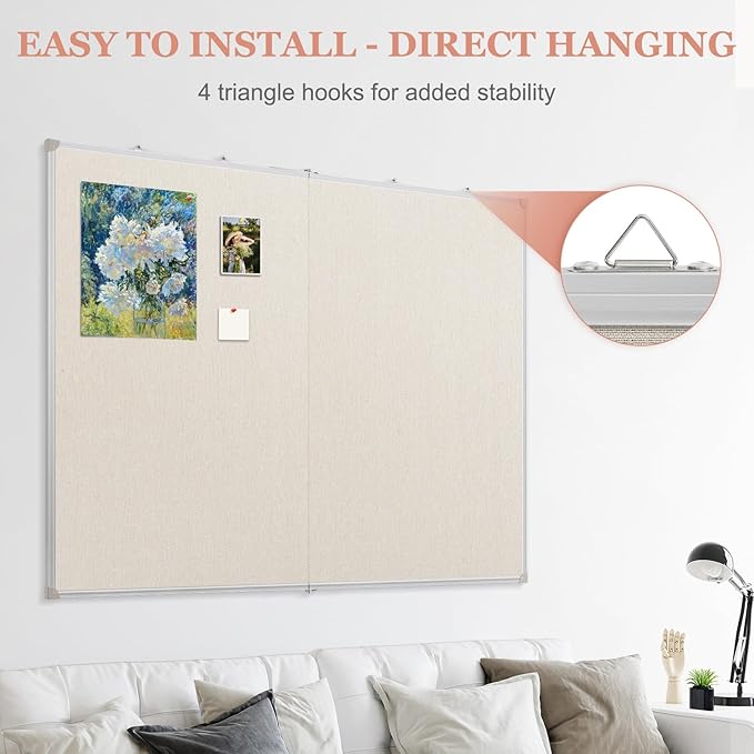 Double-Sided Large Cork Board with Linen, 48" x 36" Foldable Hanging Aluminum Framed Bulletin Board, Vision Board Pin Board Corkboards for Walls, Office, School Decor, 20 Pushpins