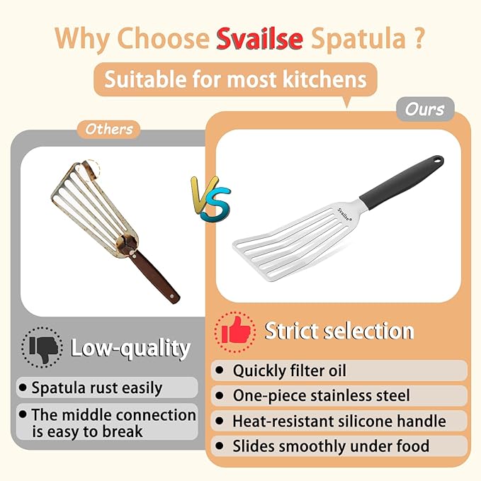 Fish Spatula Stainless Steel, Metal Spatula for Cast Iron Skillet, Slotted Turner with Silicone Handle for Cooking, Grilling, Flipping, Egg, Cookie, Pancake and Burger (Large, 13.5 Inch)