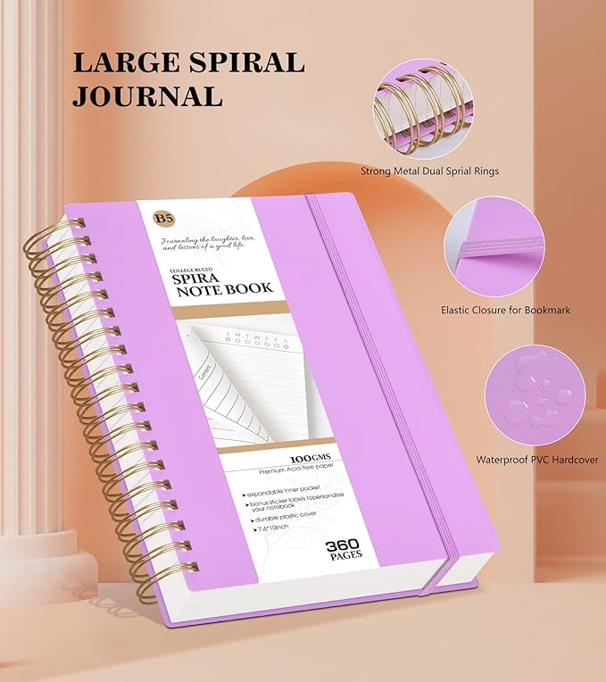 Spiral Notebook Journal ,360 Pages College Ruled Notebooks,Lined Thick Journals for Women Men, A5 Thick Spiral Journal for Writing,100GSM Paper, Spiral Notebooks for Work School 5.5"x8.5" Purple