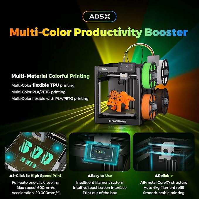 FLASHFORGE AD5X Multi-Material 3D Printer 4-Color Printing, 600mm/s Speed 1-Click Print with DIY IFS Creations, Full-Auto Calibration & Filament Backup, AD5X- Multi-Color Productivity Booster