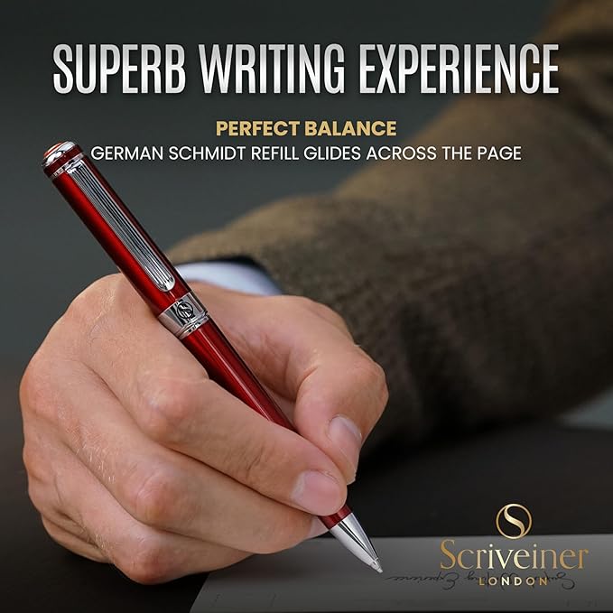 Scriveiner Deep Crimson Ballpoint Pen - Stunning Red Lacquer Luxury Pen, Chrome Finish, Schmidt Black Refill, Best Ball Pen Gift Set for Men & Women, Professional Executive Office, Nice Designer Pen