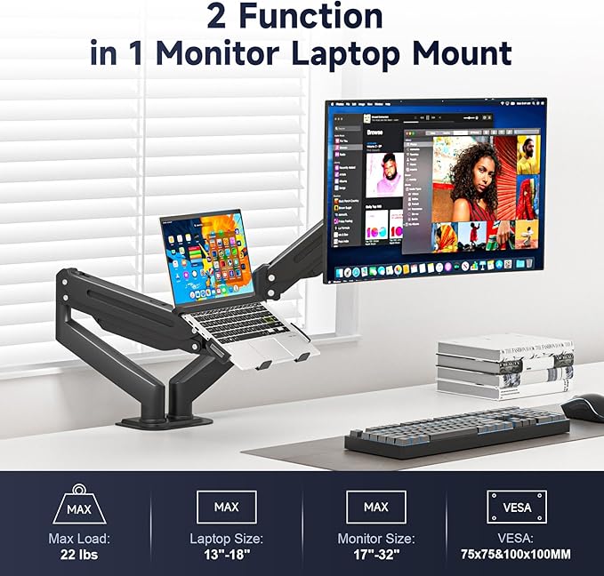 Suptek Monitor Laptop Mount Stand, 2 in 1 Function Dual Monitor Arms Desk Mount for 11"-17" Notebook and 17"-32" Monitor with Laptop Tray,Holds up to 22lbs
