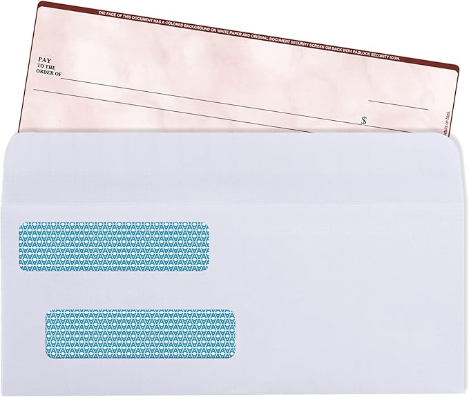 Aimoh #8 Double Window Flip & Seal Security Check Envelopes 500 Qty, Fits Business QuickBooks Checks Perfectly - Not for Invoices, Size 3 ⅝ x 8 ¹¹⁄₁₆ Inches (30108)