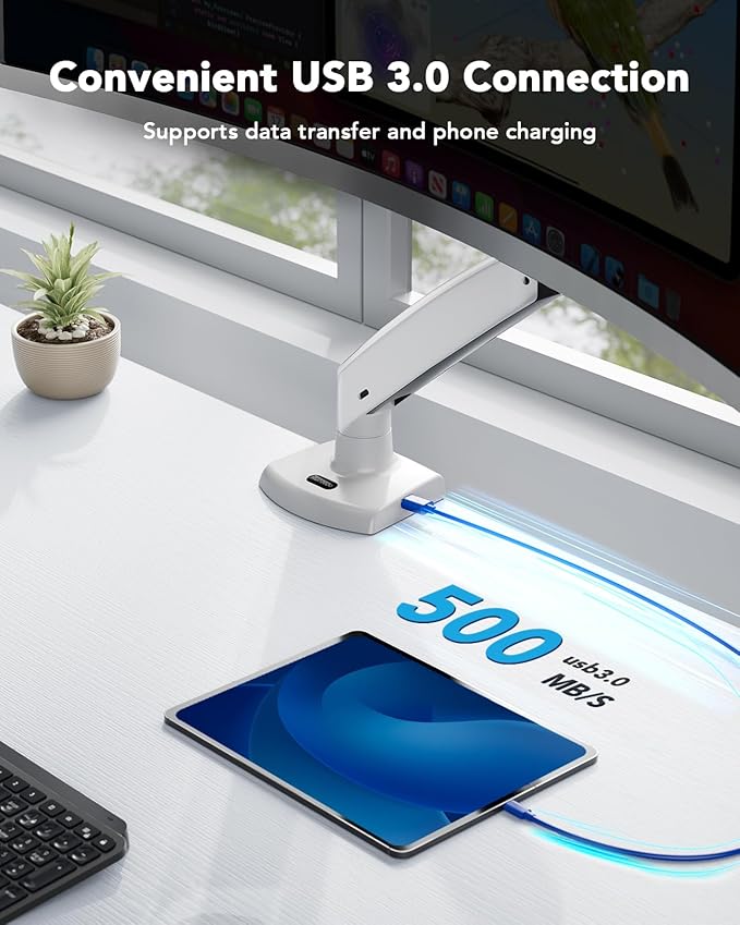 HUANUO Single Monitor Arm for 40 inch Screens, Ultrawide Computer Monitor Mount Holds 26.48 lbs, Upgraded Adjustable Stand with USB, C-Clamp & Grommet Base, VESA 75x75 or 100x100mm