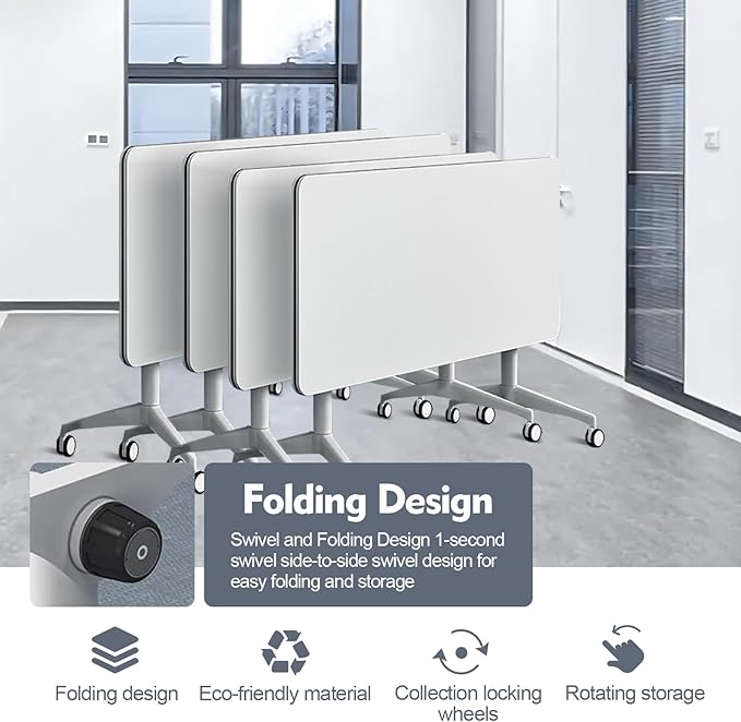 Folding Conference Room Table, Modern Mobile Training Table with Wheels, White Foldable Seminar Meeting Tables for Office Corporations (4pack 55.1in)