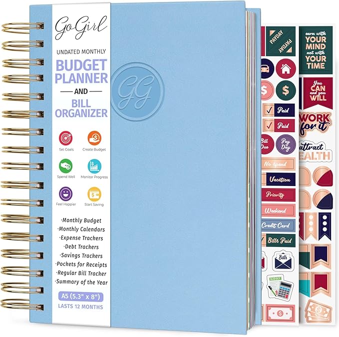 GoGirl Budget Planner & Monthly Bill Organizer – Monthly Financial Book with Pockets. Expense Tracker Notebook Journal, Compact (Periwinkle)