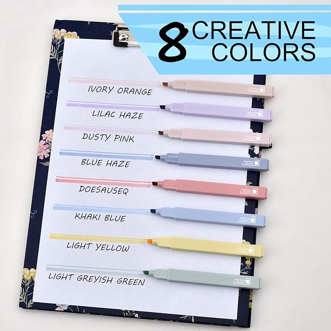 8 Colors Aesthetic Highlighters, 4mm Line Width, Assorted Colors With Soft Chisel Tip, No Bleed Bible, Great for School, Nice to Eyes, Pastel