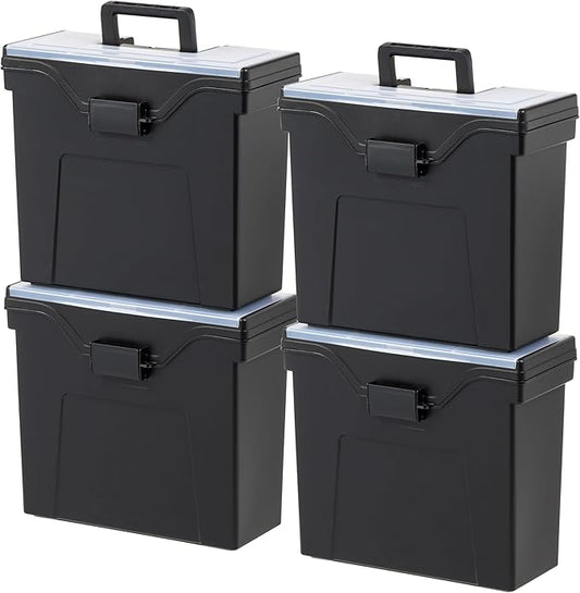 IRIS USA File Box Slim with Lid File Organizer for Letter File w/ Organizer-Lid, Water Resistant Document Box, Plastic Mobile Filing Organizer, Secure Buckle, Portable Handle, Lockable, Black 4 Pack