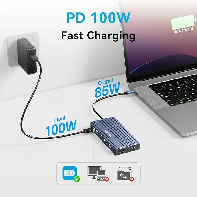 ACASIS USB C Hub with 4K Video Output USBC Splitter with 2*HDMI+4 * 10Gbps Data Transfer+Ethernet+SD/TF+Audio+PD100W Docking Station Dual Monitor for Laptop, Portable Monitor and More Type C Devices