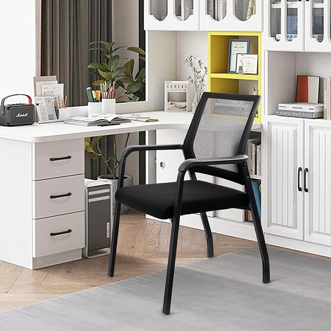 Desk Chair No Wheels, Arm Chair with Ergonomic Lumbar Support and Thickened Seats Cushion, Waiting Room Chairs for Office School Church Guest Reception, 2 Pack Black