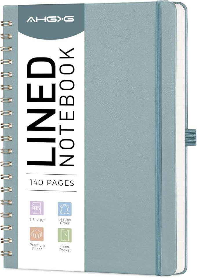 AHGXG Lined Spiral Journal Notebook, B5 Large Notebooks for Women Men, 140 Pages Hardcover Leather Notebook College Ruled, 100 GSM Paper, Notebooks for Work School Note Taking, 7.6" x 10", GrayBlue