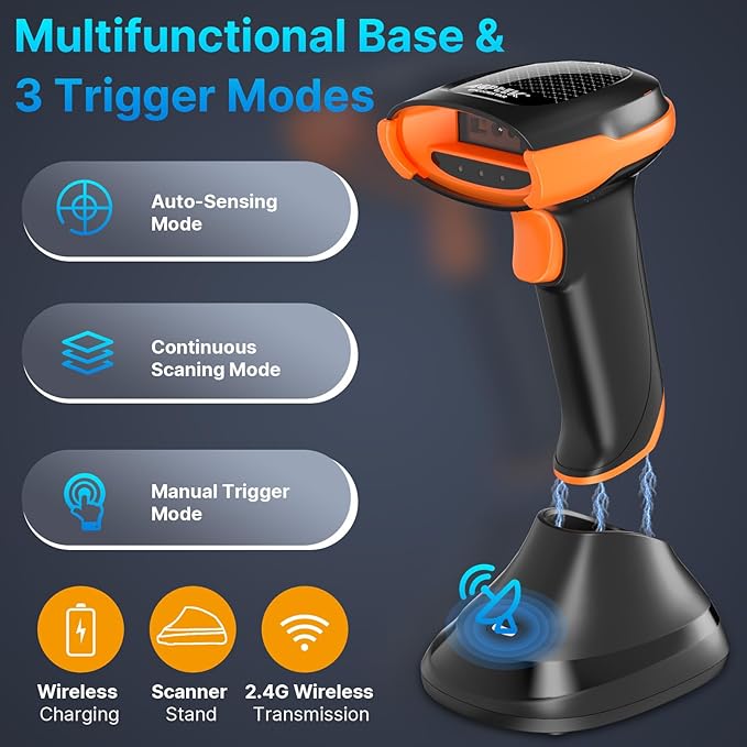 AGPTEK Bluetooth & 2.4GHz Wireless Barcode Scanner with Patented Color Light Technology for Color Barcodes, 2D/1D QR Code Reader, Customizable Settings & Wireless Charging Cradle