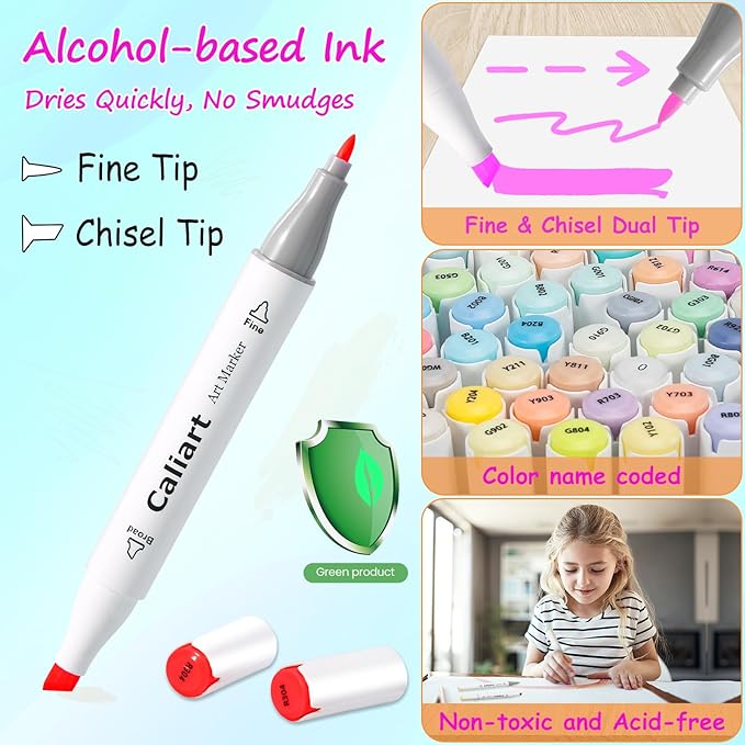 Caliart 24 Colors Fine & Chisel Permanent Alcohol Markers, Dual Tip Artist Sketch Art Markers Set for Adult Coloring Book, Aesthetic Cute School Supplies, Pens for Drawing Coloring Illustrations