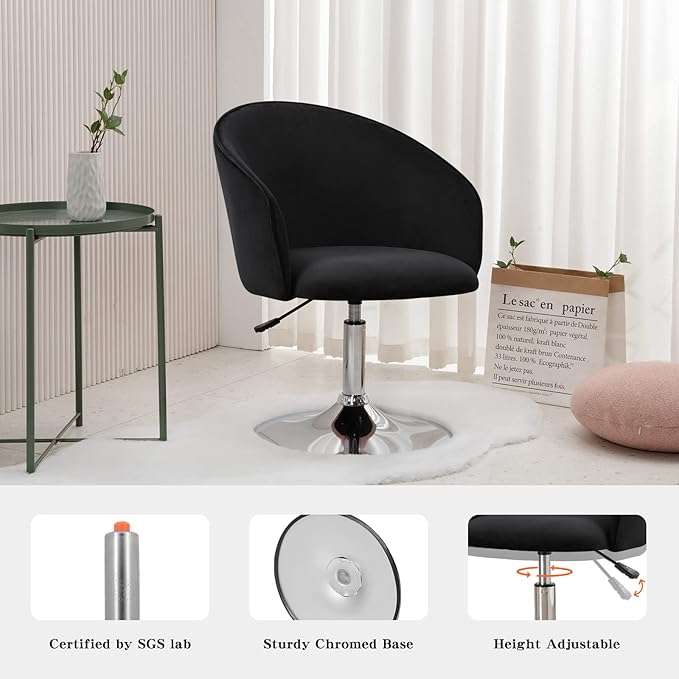 Furnimart Black Velvet Adjustable Height Vanity Chair, Swivel Makeup Chair for Living Room, Bedroom, Dressing Room