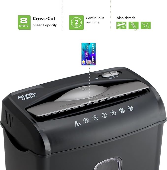 Aurora AU895XA 8-Sheet Professional Cross-Cut Paper and Credit Card Shredder