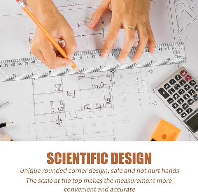 36 Inch Metal Ruler, Stainless Steel Straight Edge Ruler with Cork Backing, Non-Slip Imperial & Metric Measuring Tool for School, Office, Woodworking, Drafting