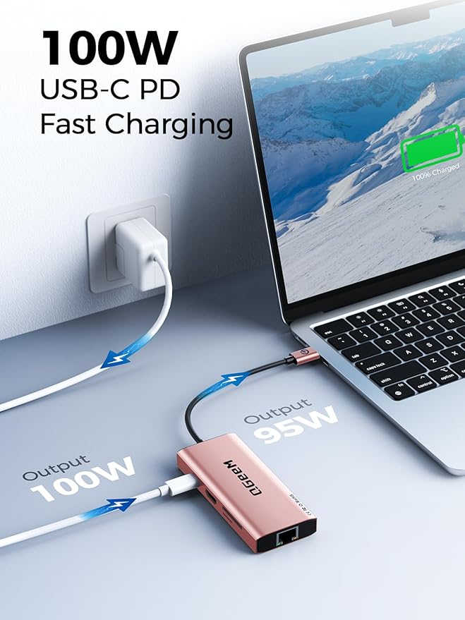 QGeeM USB C Hub Ethernet,9 in 1 USB Type C Hub HDMI Multi-Port Converter Adapter,100W Pd, USB 3.0,SD/TF Card Reader,Compatible for MacBook Pro Air Ipad HP Dell Lenovo Chromebook etc.-Pink