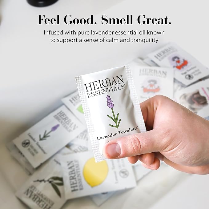 Herban Essentials - Lavender Wipes & Towelettes - Essential Oil Wipes for Make Up, Hands, Face & Body - Travel Size Essentials and Toiletries - Natural, Individually Wrapped and Disposable (20 count)