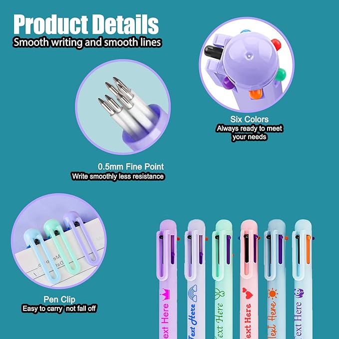 Custom 6-In-1 Multicolor Ballpoint Pen 0.5mm Tip Personalized Pens with Text Logo Name Printed Customized Pens Gift for Businesses School Office Employee Exhibition, 14PCS