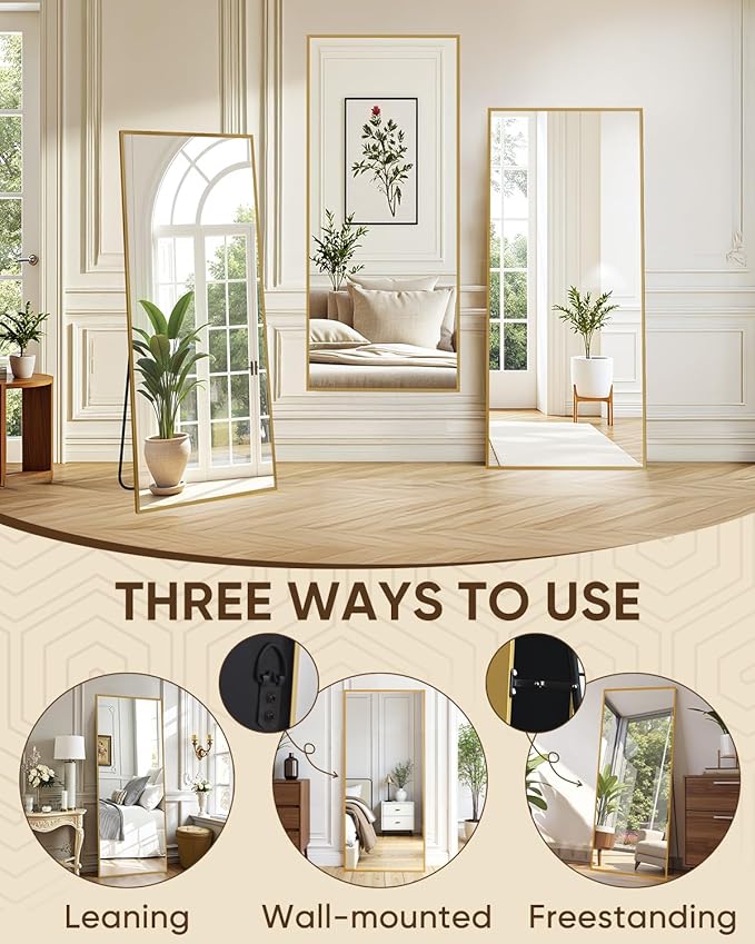 Antok Full Length Mirror, 59"x18" Floor Mirror, Floor Standing Freestanding Full Body Mirror with Stand for Bedroom, Hanging Mounted for Living Room Cloakroom, Gold