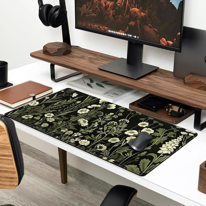 Floral Green Plant Mouse Pad Aesthetic Vintage Desk Pad Black Extended Mouse Pad Large Desk Mat for Desktop Keyboard Pad and Office Home Work Mouse Pad XXL Laptop Computer Mat 31.5 X 11.8 in