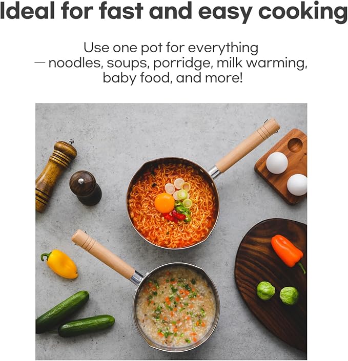 1.5 Quart Stainless Steel Pot With Glass Lid. Traditional Japanese Saucepan Wth Wood Handle, Multipurpose Sauce Pan With Two Side Pour Spouts & Measurement Line, Great for Ramen, Milk etc.