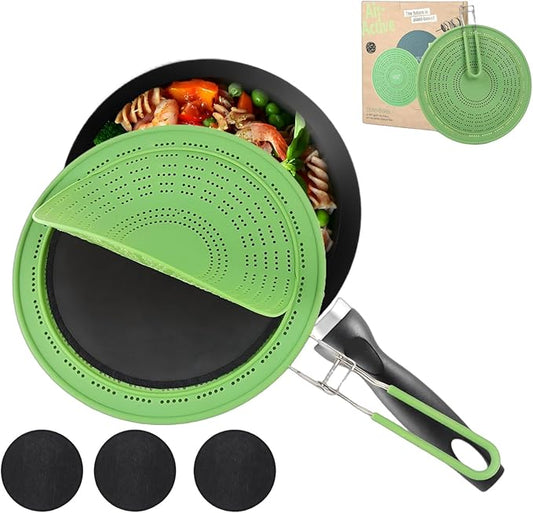 11" Multi-Functional Silicone Splatter Screen with Foldable Handle | 3-in-1 Activated Carbon Filter for Odor Absorption | Dishwasher Safe & Easy Cleaning | Fits 8-11" Pans