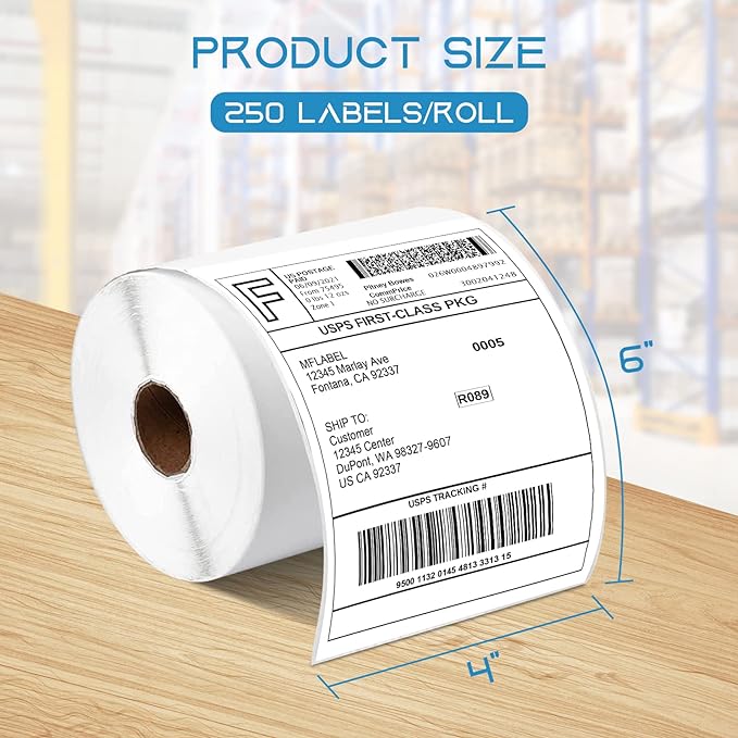 MFLABEL 4x6 Direct Labels, Perforated, Commercial Grade, for Thermal Printer, 250 Labels/1 Roll, 2 Rolls