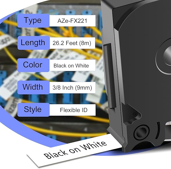 2 Pack 9mm 0.35 TZe-FX221 Laminated Tape Compatible for Ptouch TZ TZe Flexible ID Cable Wires Labels Black on White 3/8" for PT-PD200 D210 D400 D600 H100 H110 P300BT P700 P710BT