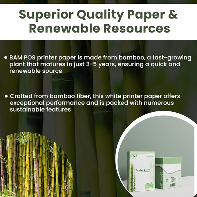 Bamboo Printer Paper - 8 1/2” x 11”- 20LB Multipurpose White Paper - Made from Bamboo Fiber, Renewable Resources, Zero Trees Used - 3 reams (1500 Sheets)