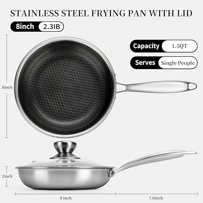 Stainless Steel Frying Pan with Lid, 8 Inch Honeycomb Non Stick Frying Pan, Small Stainless Steel Nonstick Pans W/Lid, Safe Nonstick Skillet Egg Omelete Pans, Oven Safe, Induction Compatible,PFOA Free