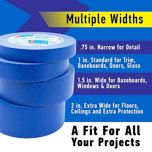 ABRO Blue Painters Tape 2 Inch Wide, 48mm x 55M, All Purpose Blue Tape, Temporary Labeling, Easy Tear, Clean Removal, Masking Tape Colored DIY or Pro - 3 Pack