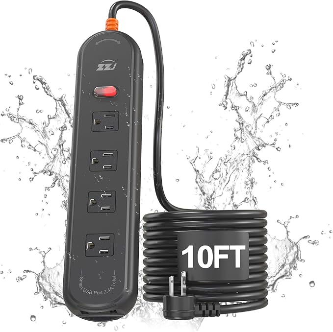 Outdoor Power Strip Weatherproof, 7-in-1 Surge Protector with 4 Wide Outlets 2USB A and 1USB C,1875W/15A, 10FT Flat Plug Multi-Plug Outdoor Extension Cord Waterproof for Indoor Outdoor, UL FCC Listed