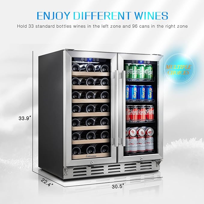 Kalamera Wine and Beverage Refrigerator, 30 inch Wine Fridge Dual Zone Hold 33 Bottles and 96 Cans, Digital Touch Control, Built-In or Freestanding