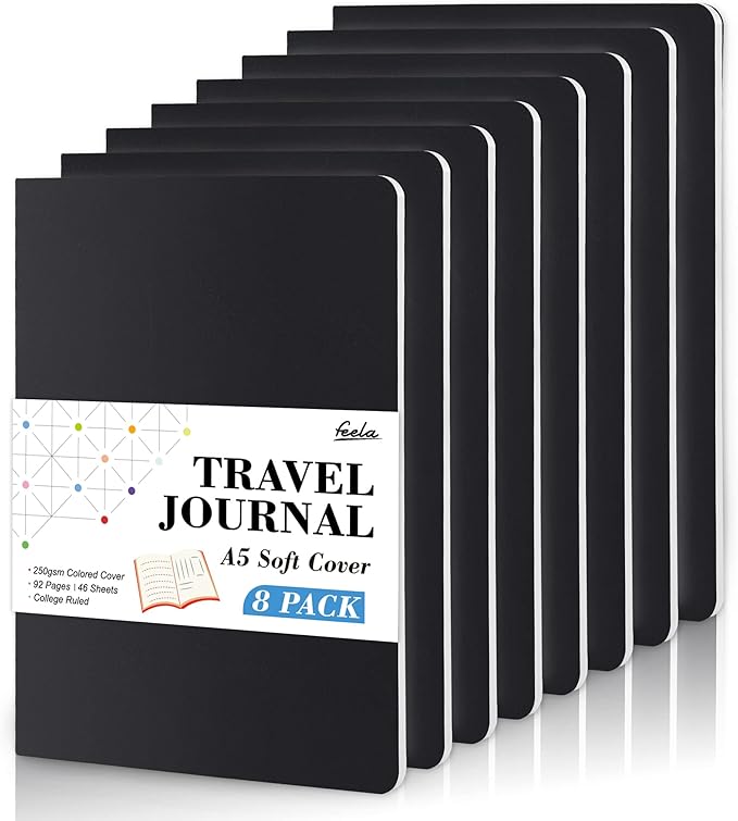 8 Pack Soft Cover Journal Bulk, Feela Notebooks College Ruled for Work, Lined Travel Journal for Women Men, Note Taking Notebook School Supplies Business Writing, 8.2” x 5.5”, A5, Black