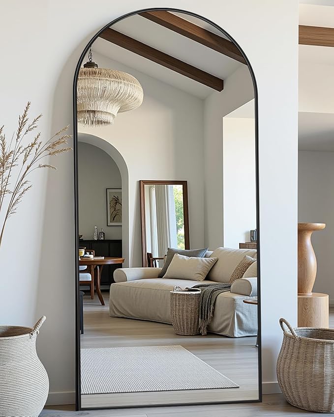 Full-Length Floor Mirror with Stand, 68"x26" Arched Style Full Body Standing Mirror for Bedroom, Living Room, Gym, Dorm - Shatter-Resistant & Easy Assembly, Black