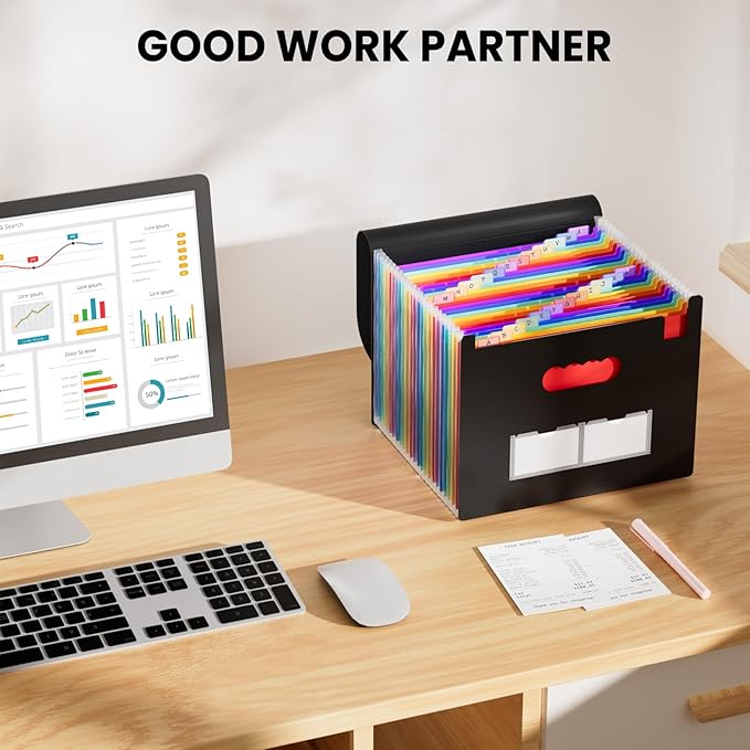 Sooez 24 Pockets Expanding File Folder with Blank Labels, According File Organizer with Expandable Cover, Desktop Accordion Folders Letter A4 Paper Document Storage Organizer, Blue