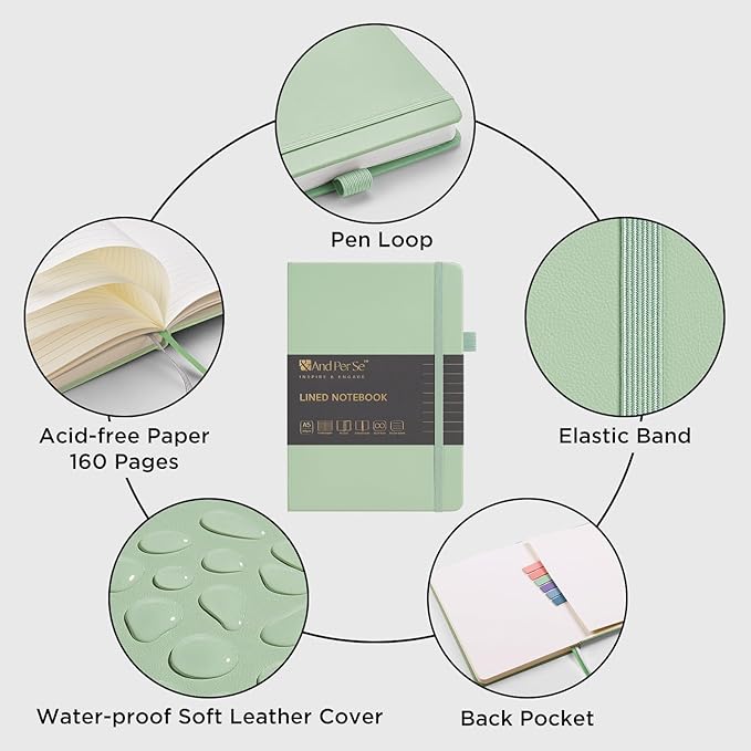 &And Per Se Lined Journal Notebook (5 Packs), 160 Pages, A5 5.7 x 8 inches College Ruled Thick Paper Notebook Journals for Writing, Hardcover Notebooks for Women Men Office School (Light Green)